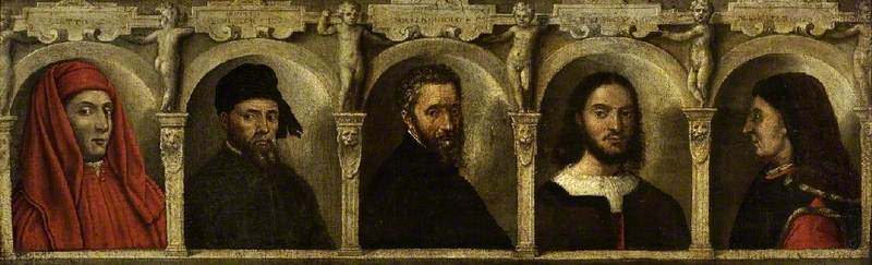 Porträtt av fem konstnärer, Giotto, Donatello, Michelangelo, Raphael och Brunelleschi - Francesco Salviati