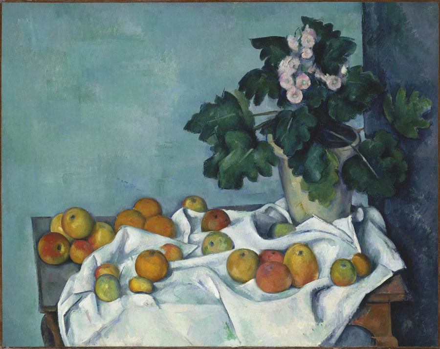 Primula och frukter på ett bord - Paul Cézanne