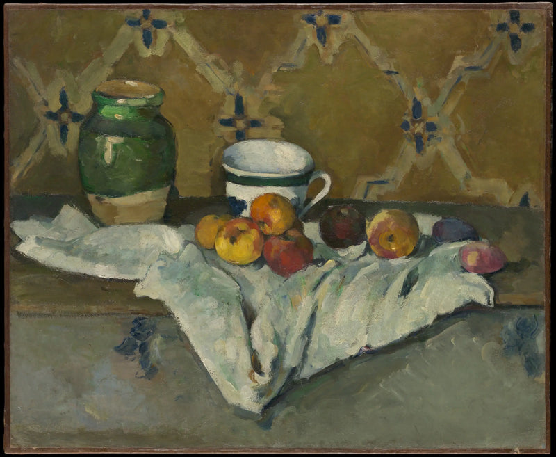 Keramik, kopp och frukt på en vit duk - Paul Cézanne