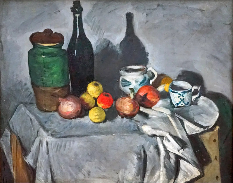 Kastruller, flaska, kopp och frukter - Paul Cézanne