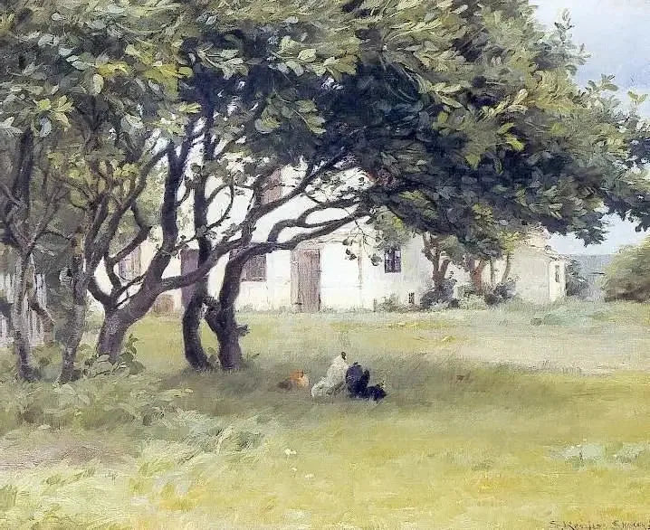 Hönor under träden på Madame Bendsens gård - Peder Severin Krøyer