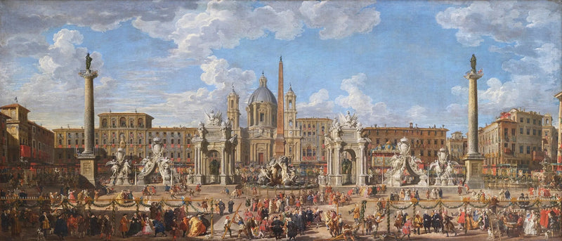 Förberedelse av fyrverkeriet och festdekorationen som hölls på Piazza Navona i Rom den 30 november 1729, till minne av Dauphins födelse - Giovanni Paolo Panini