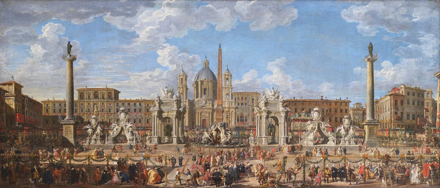 Förberedelse av fyrverkeriet och festdekorationen som hölls på Piazza Navona i Rom den 30 november 1729, till minne av Dauphins födelse - Giovanni Paolo Panini