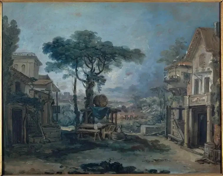 Projekt för en teaterdekoration: en byplats - François Boucher