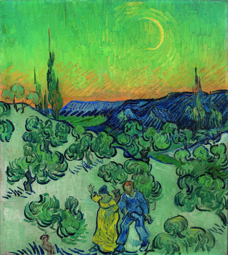 Landskap med ett par som går och en halvmåne - Vincent van Gogh