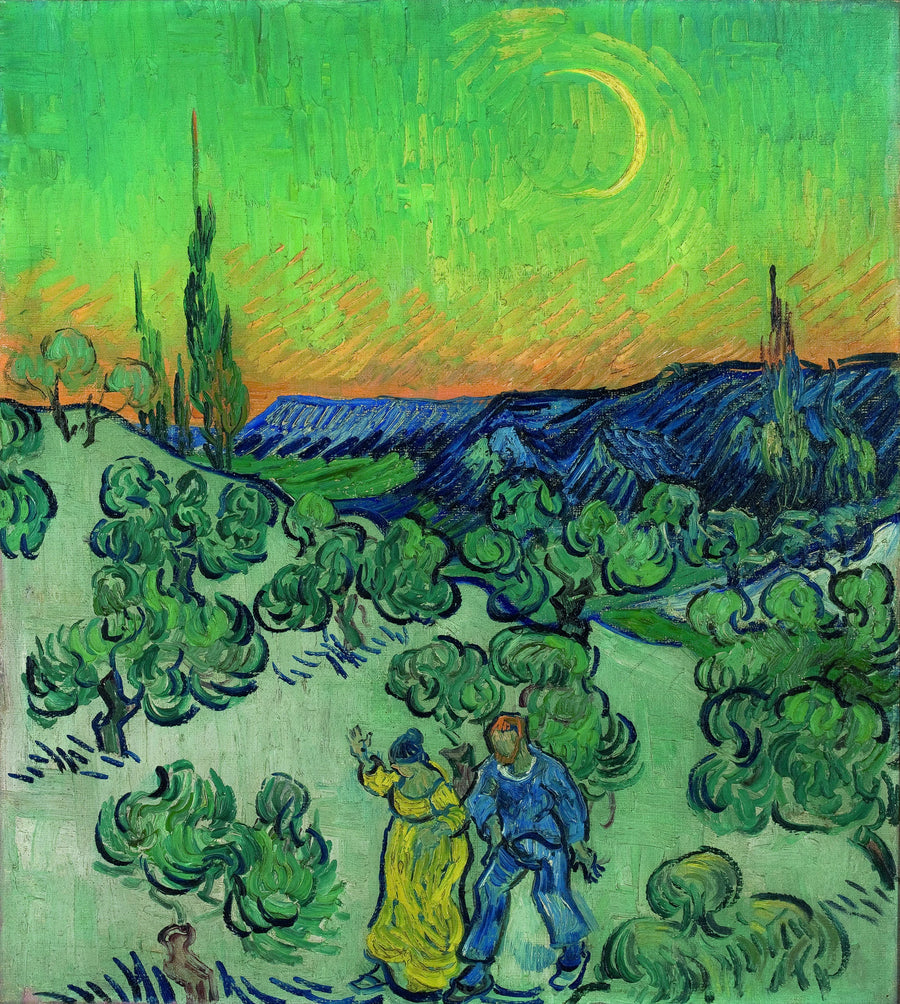 Landskap med ett par som går och en halvmåne - Vincent van Gogh