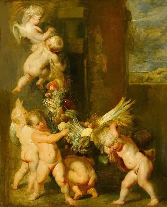 Putti med en blomsterkrans av frukter - Peter Paul Rubens