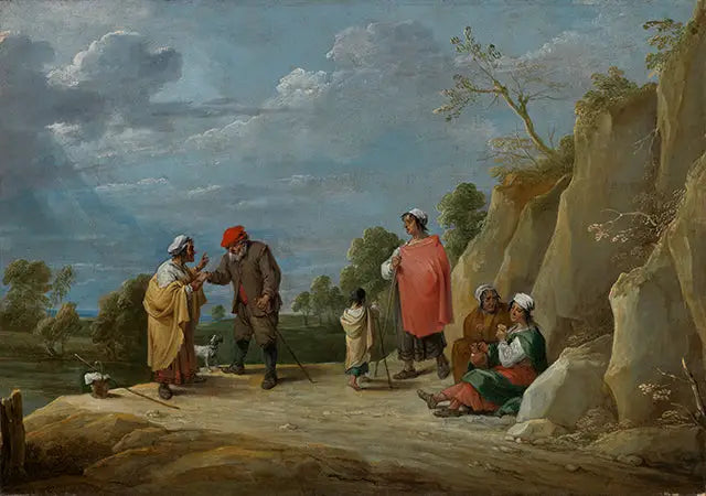 Fyra zigenare med ett barn, varav en förutspår framtiden för en bonde - David Teniers den yngre
