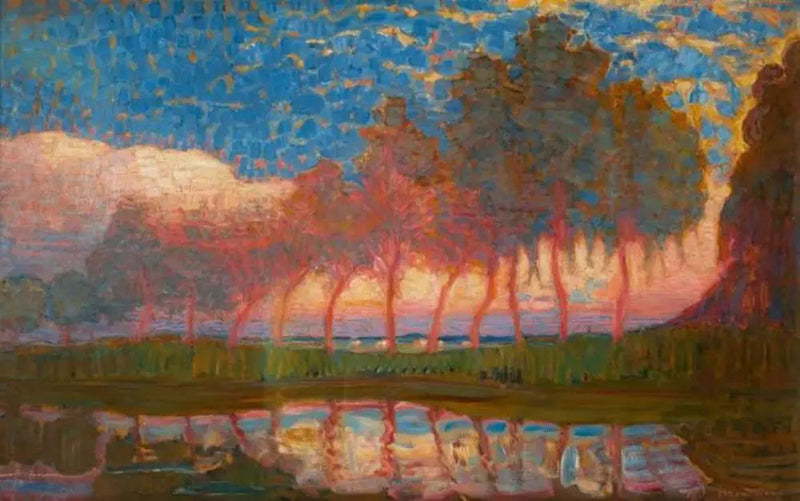 Rad av elva röda, gula, blå och gröna popplar - Piet Mondrian