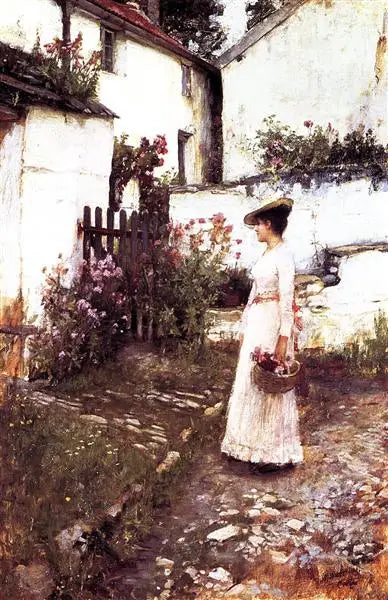 Samla sommarblommor i en trädgård i Devonshire - John William Waterhouse