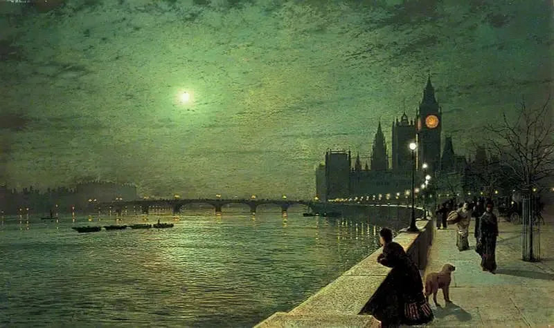 Reflektioner över Themsen, Westminster, London - John Atkinson Grimshaw