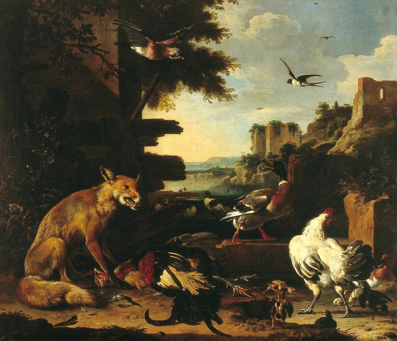 Räv med tupp och döda fåglar i en parklandskap - Melchior de Hondecoeter