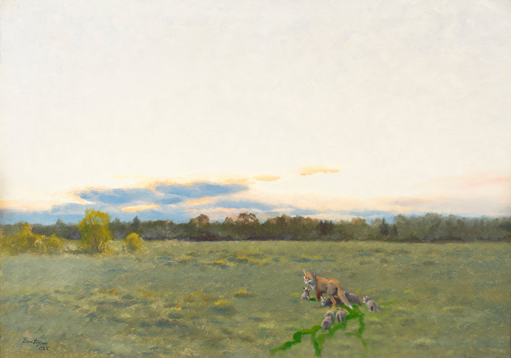 Renard et ses petits dans la prairie - Bruno Liljefors