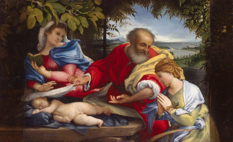 Vila under flykten till Egypten med heliga Justina - Lorenzo Lotto