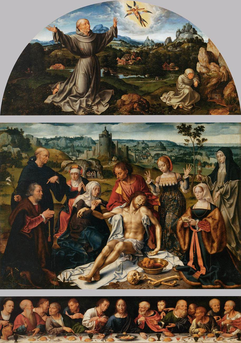 Kristi sorgespel: Kristi sorgespel (centraltavla); Saint Franciscus stigmatisering (fönster); Nattvarden (predella) - Joos van Cleve