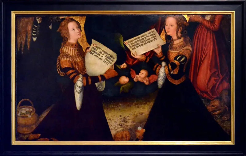 Pragaltare [centralpanel, fragment] : Heliga Katarina och Heliga Barbro med fragment av figurerna av Heliga Dorotea och Heliga Margareta - Lucas Cranach den äldre