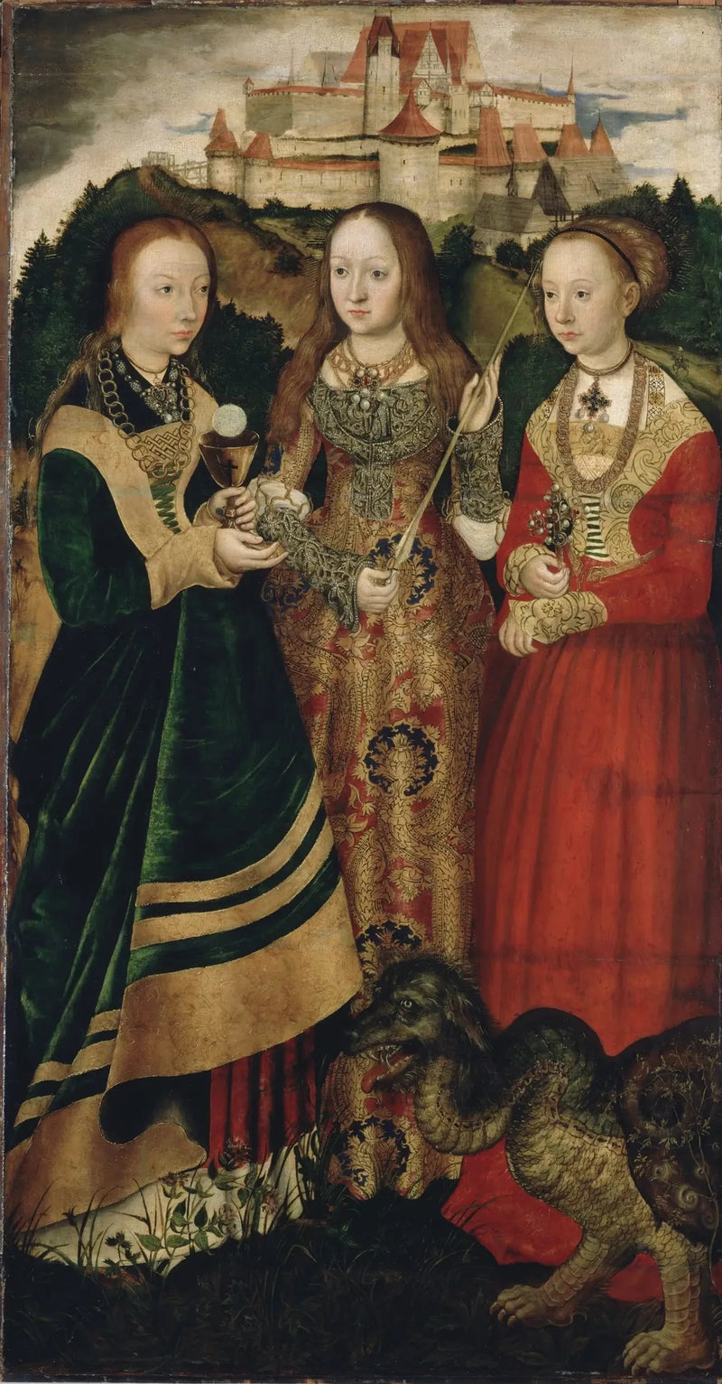 Retabel av heliga Katarinas martyrdom: heliga Barbara, heliga Ursula, heliga Margareta [höger flygel, framsida] - Lucas Cranach den äldre