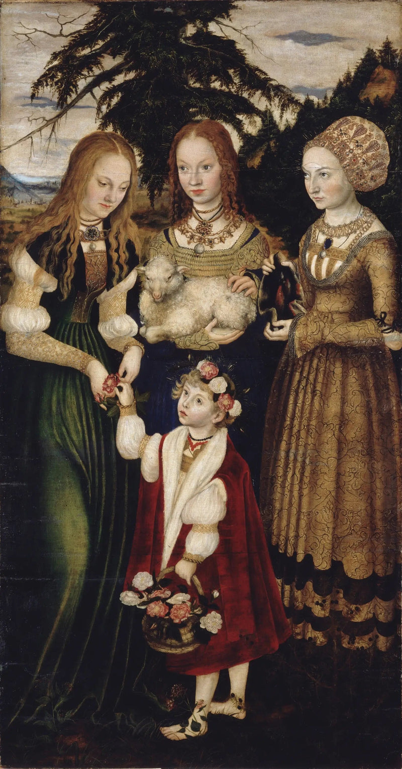 Retabel av heliga Katarinas martyrskap: heliga Dorotea, heliga Agnes, heliga Kunigunda [vänstra vingen, framsida] - Lucas Cranach den äldre