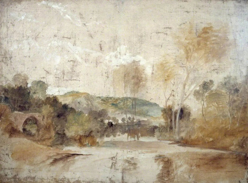 Flodscen med damm i mellanavståndet - J. M. W. Turner