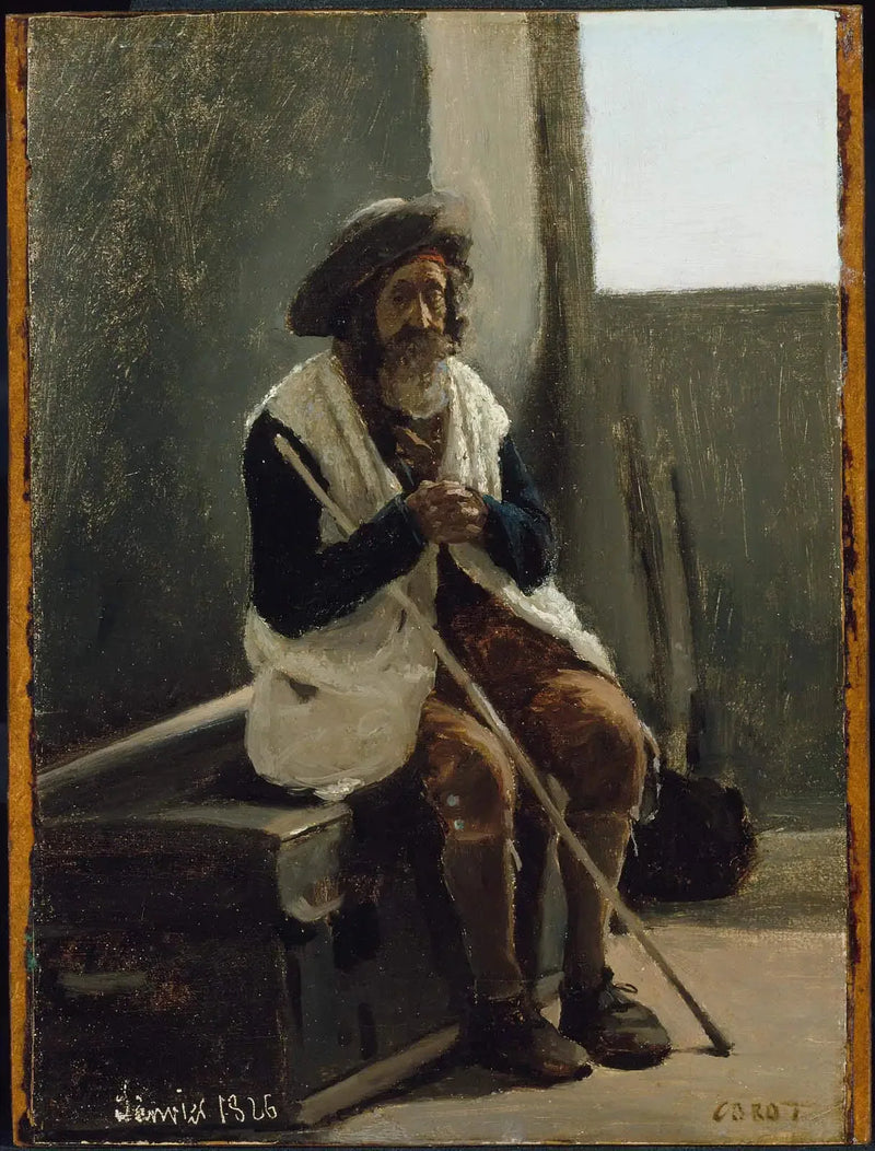 Rom, äldre man sittande på en kista tillhörande Corot - Jean-Baptiste Camille Corot