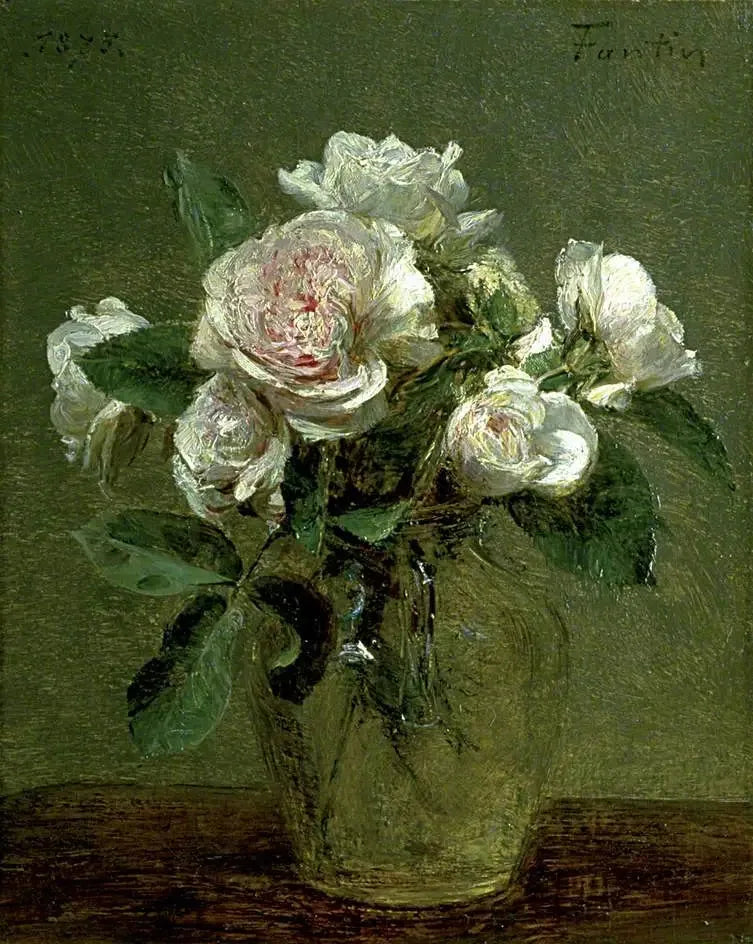 Vita rosor i en glasvas - Henri Fantin-Latour