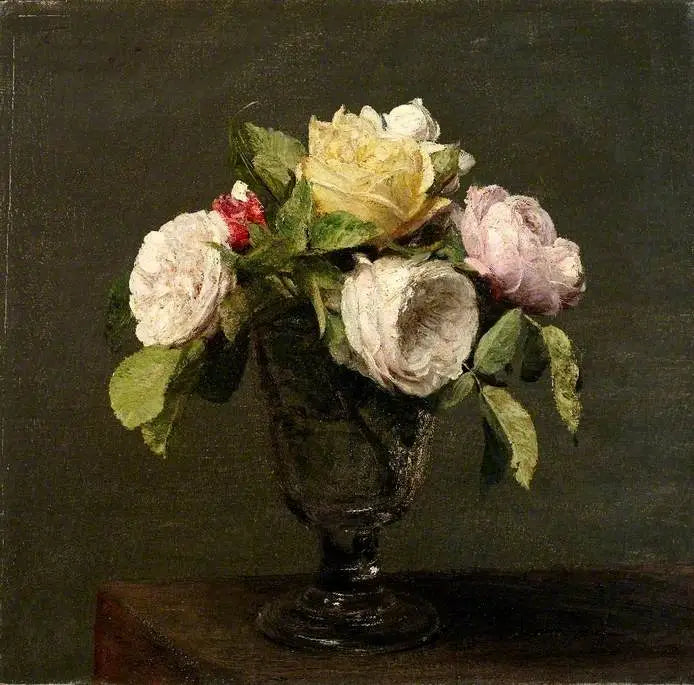 Rosor i ett fotglas - Henri Fantin-Latour
