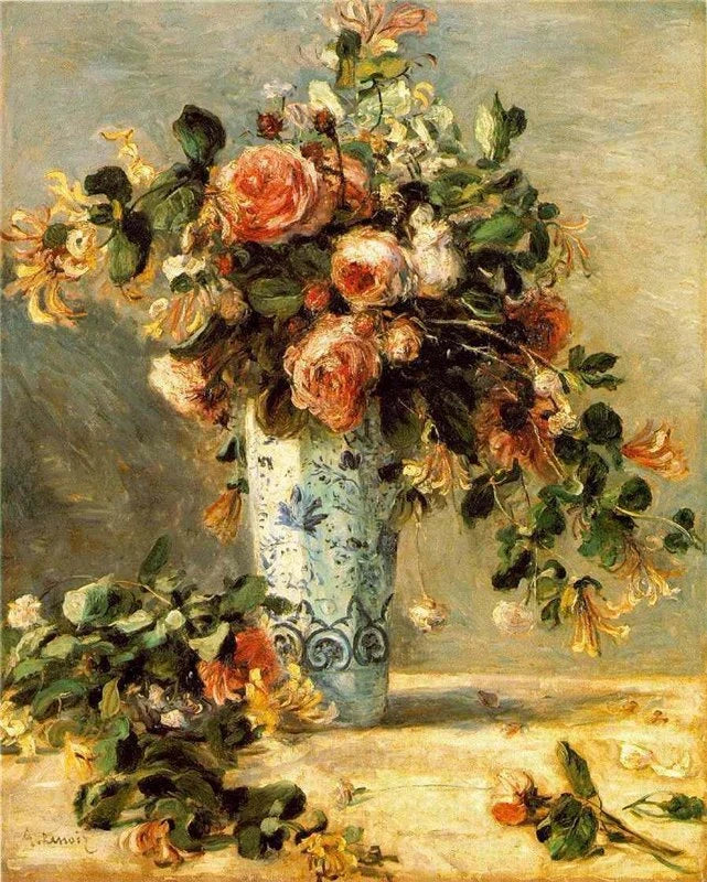 Rosor och jasmin i en Delftvas - Pierre-Auguste Renoir