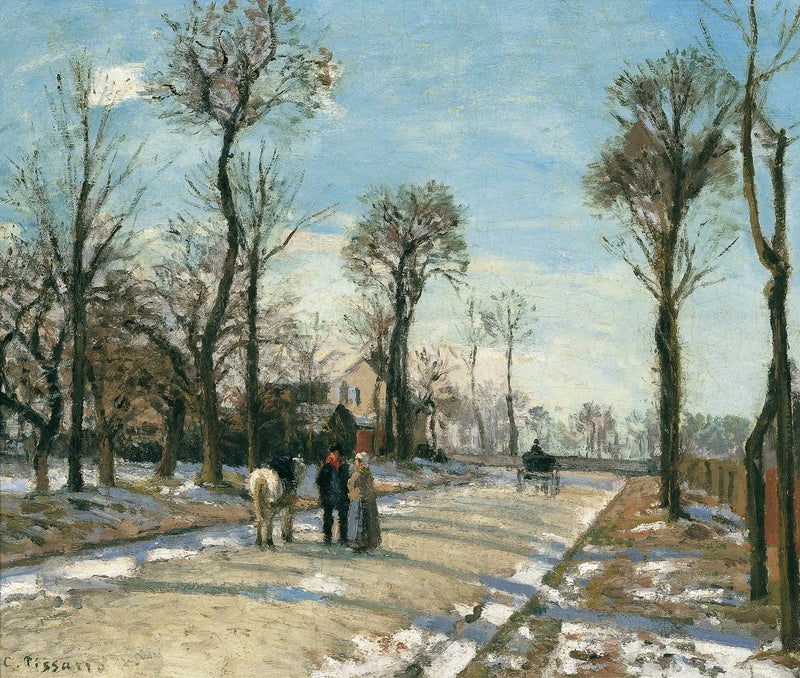 Route de Versailles, Louveciennes, sol och vinter snö - Camille Pissarro