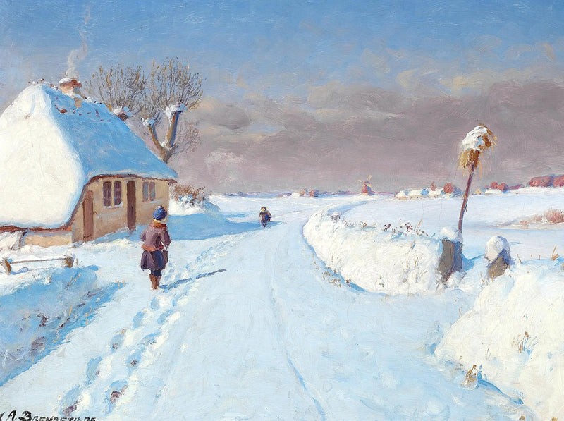 Solig väg vid byns utkant, vinter (32 x 42 cm). - H. A. Brendekilde