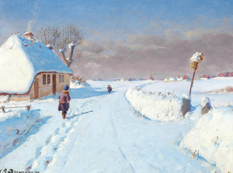 Solig väg vid byns utkant, vinter (32 x 42 cm). - H. A. Brendekilde