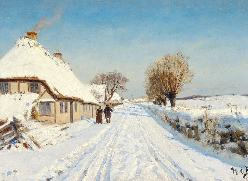 Solig väg vid en by, vinter. - H. A. Brendekilde