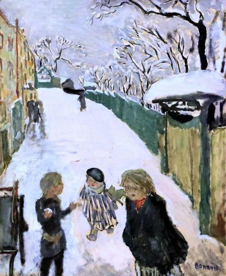 Gata under snön med lekande barn - Pierre Bonnard