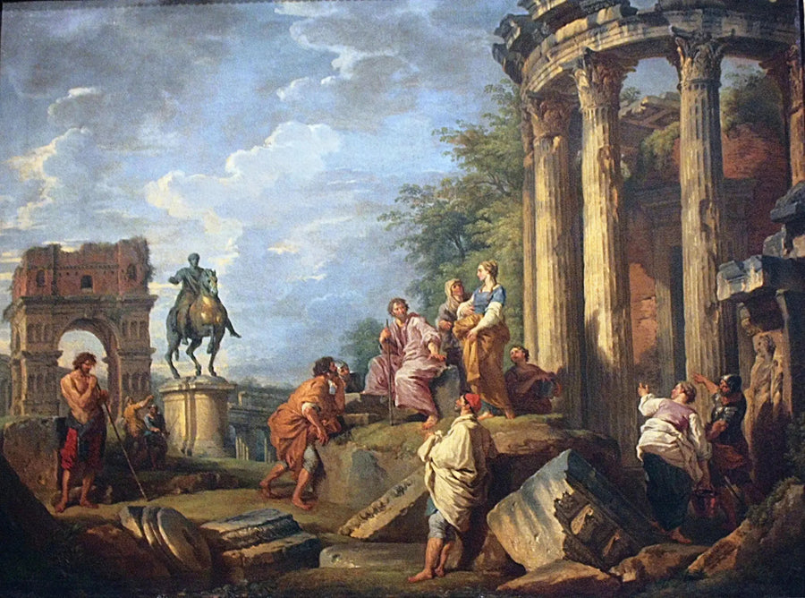 Arkitekturruiner med Janus-arcaden, Vestatemplet och den hästdragna statyn av Marcus Aurelius - Giovanni Paolo Panini