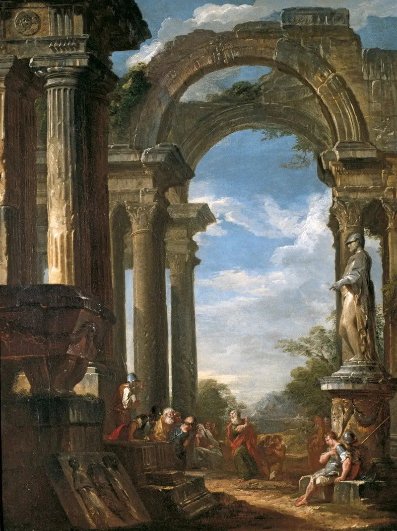 Ruiner av ett tempel med en apostel som predikar - Giovanni Paolo Panini