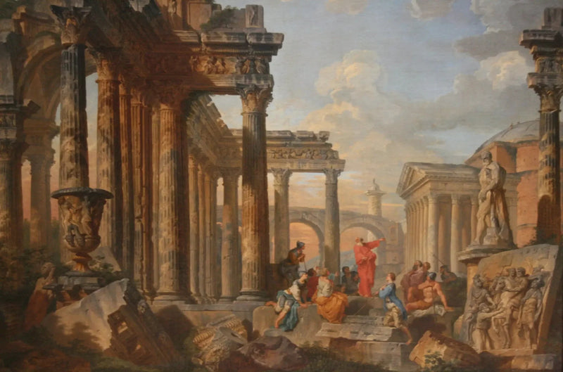 Romerska ruiner med en predikant - Giovanni Paolo Panini
