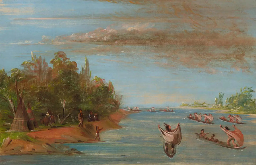 Sac och Fox som paddlar i kanot - George Catlin