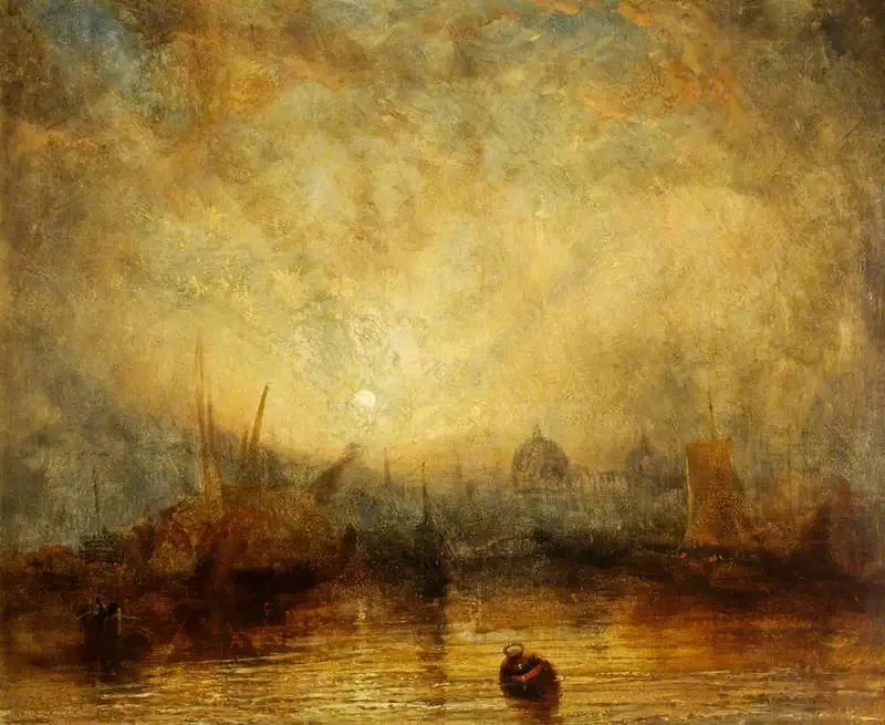 Segling och andra fartyg vid solnedgången med utsikt mot kupolerna i en stad (förmodligen Venedig) - J. M. W. Turner