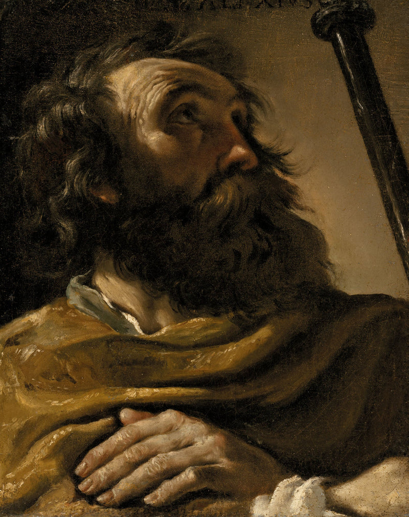Saint Alexis i en brun kappa, håller en stav - Guercino