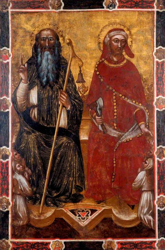 Saint Antoine l'Abbé och Saint Éloi med två par troende knäböjande (en sida av en processionbanner) (tidigare tilldelad Barnaba da Modena) - Spinello Aretino