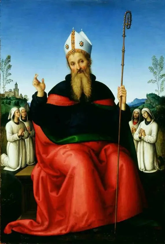Saint Augustin med medlemmar av Perugia-brödraskapet - Pietro Perugino