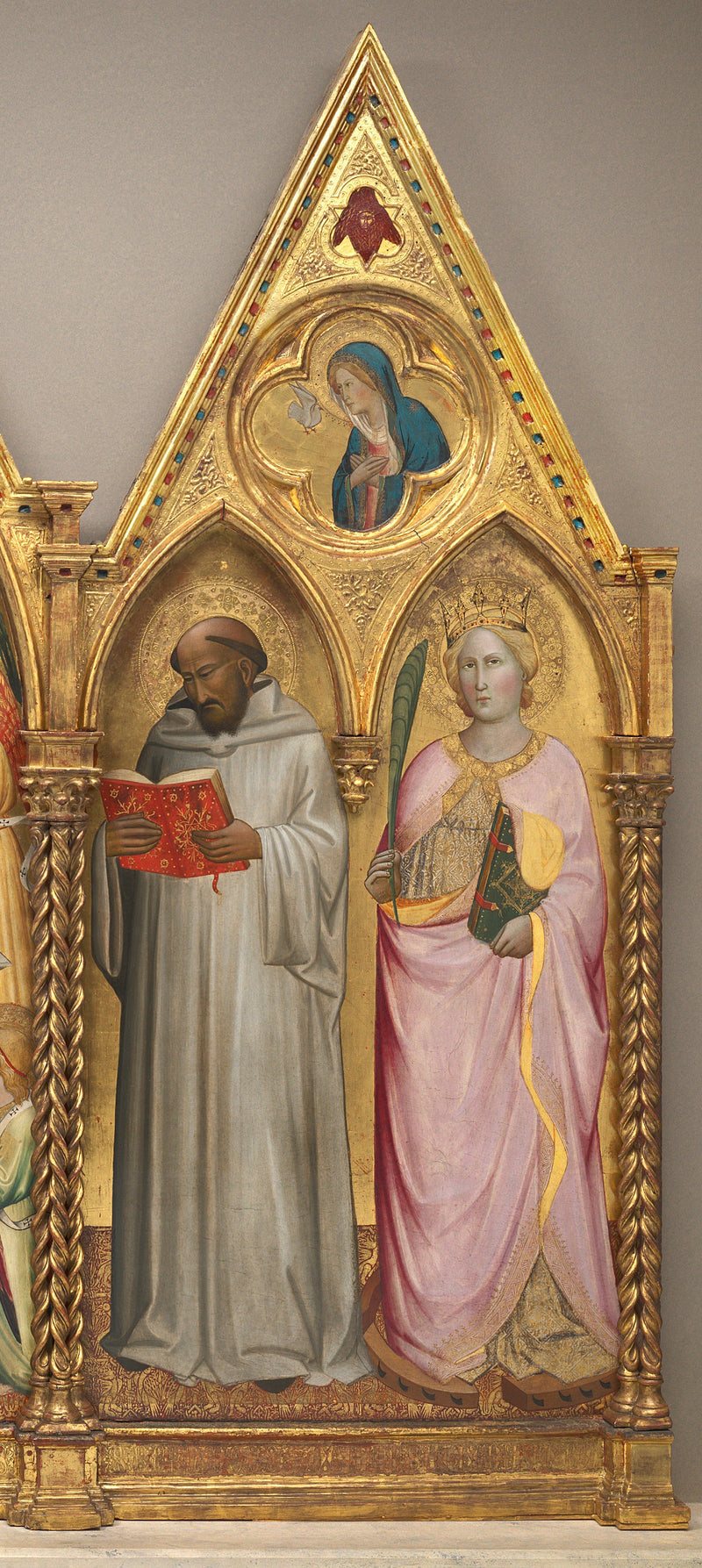 Saint Bernard och heliga Catherine av Alexandria med Jungfru Maria vid Annunciationen [höger panel] - Agnolo Gaddi
