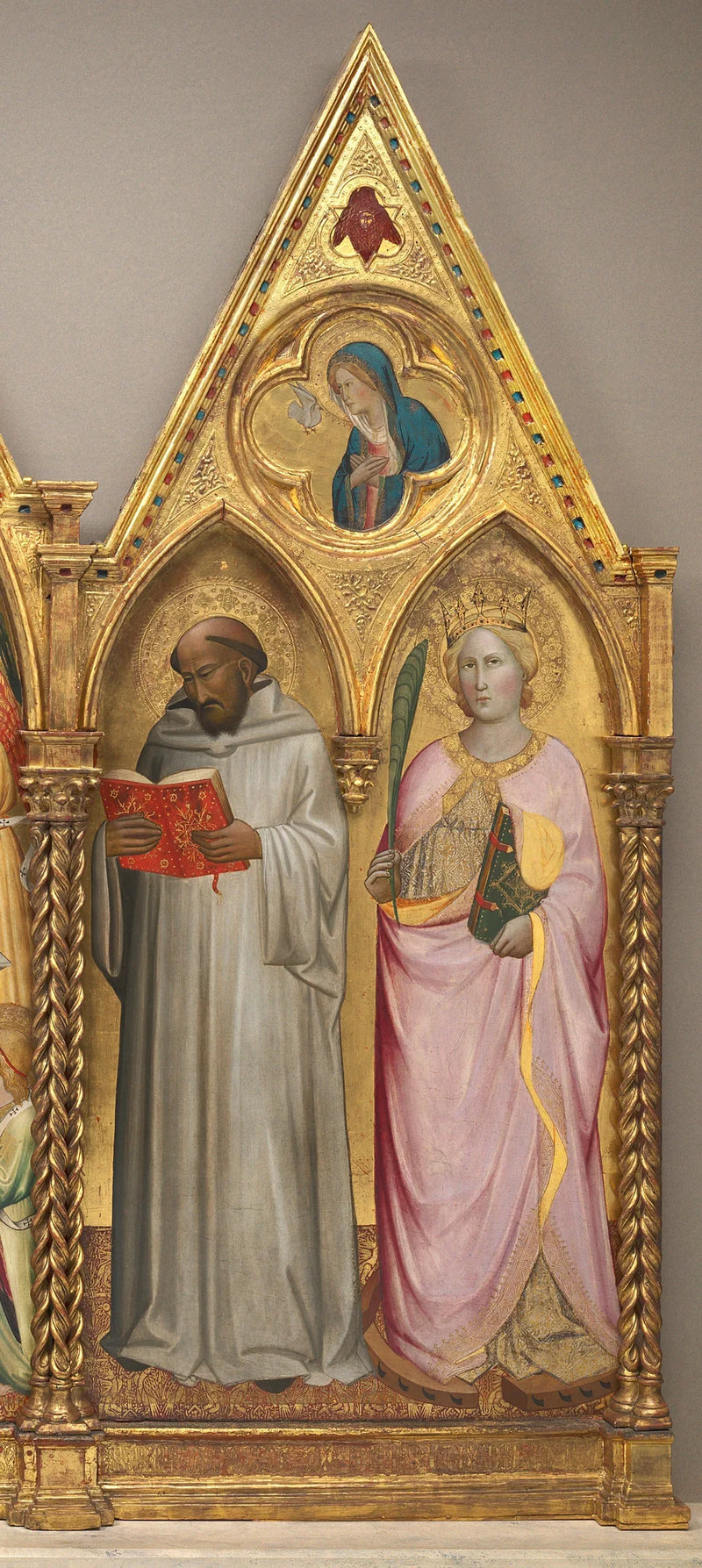 Saint Bernard och heliga Catherine av Alexandria med Jungfru Maria vid Annunciationen [höger panel] - Agnolo Gaddi
