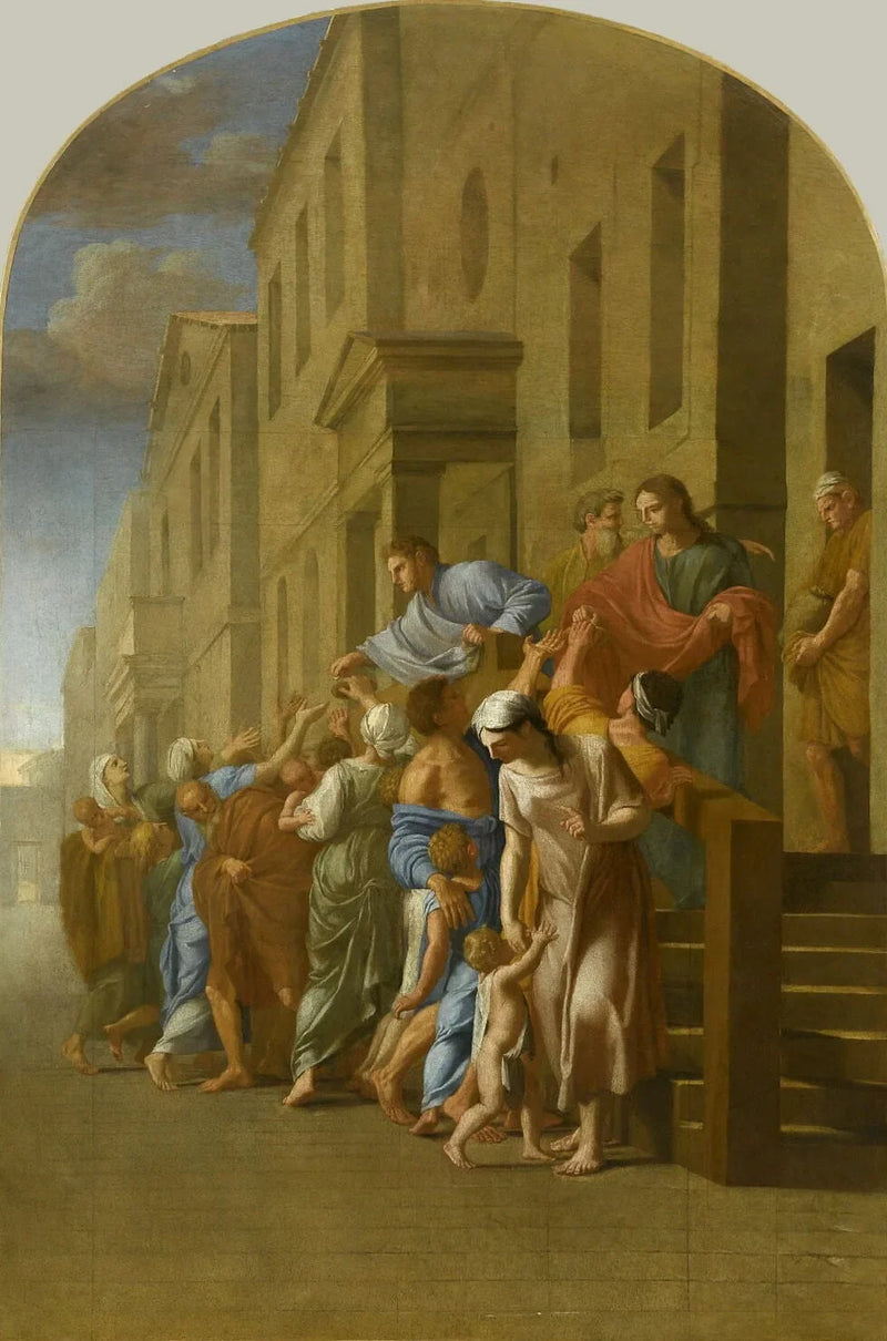 Saint Bruno och hans följeslagare, innan de ger sig av till Grenoble, delar ut alla sina tillhörigheter till de fattiga - Eustache Le Sueur