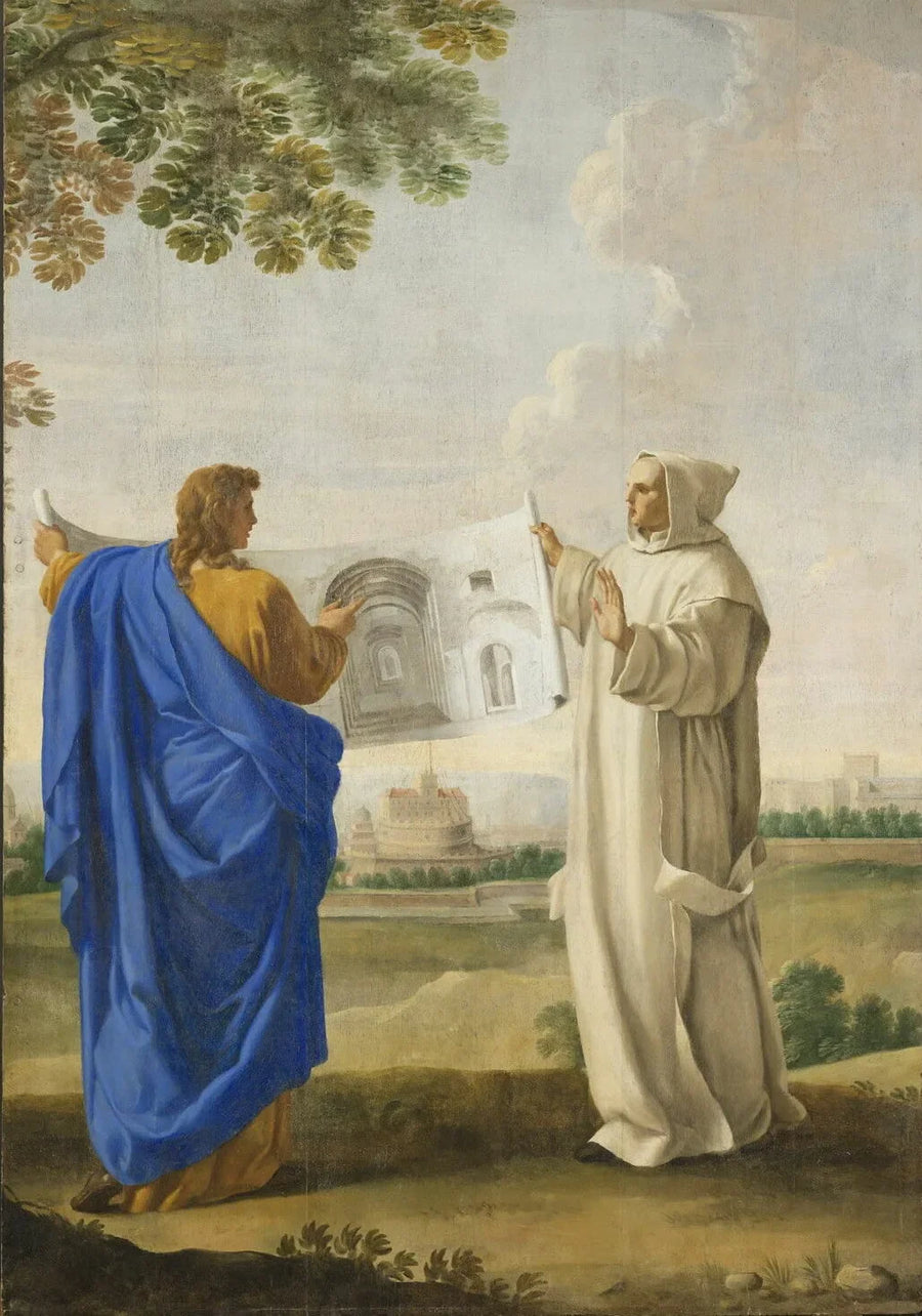 Saint Bruno granskar en teckning av Diocletins termalbad, platsen för det framtida kartusianska klostret i Rom - Eustache Le Sueur