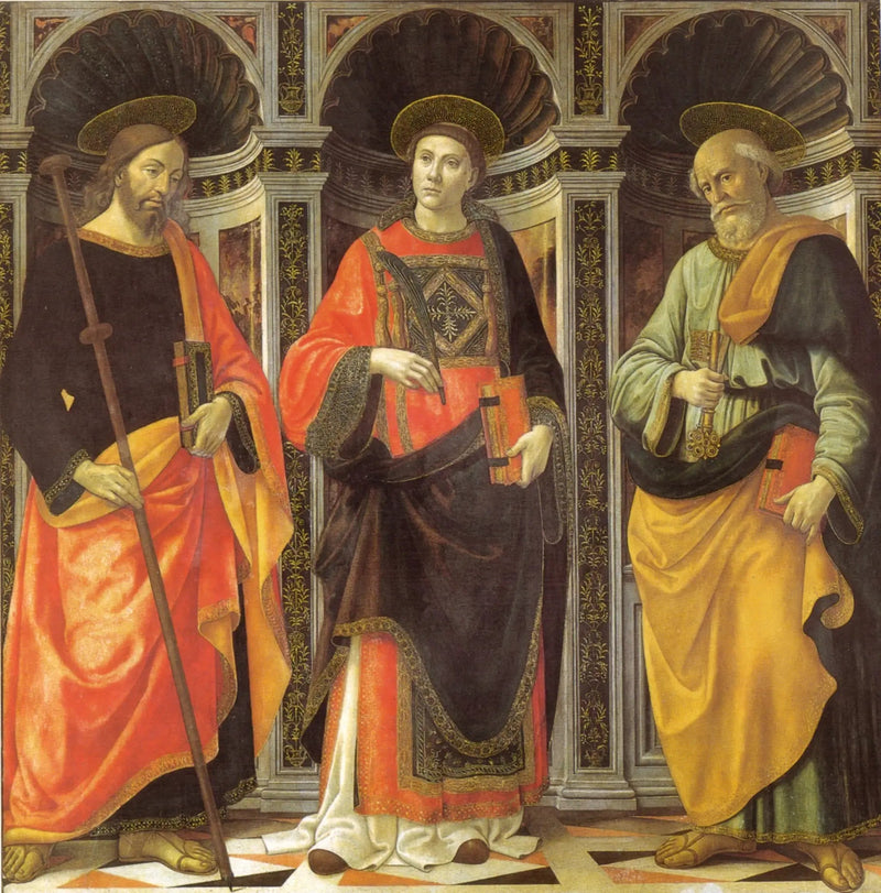 Saint Étienne mellan de heliga Jakob och Petrus - Domenico Ghirlandaio