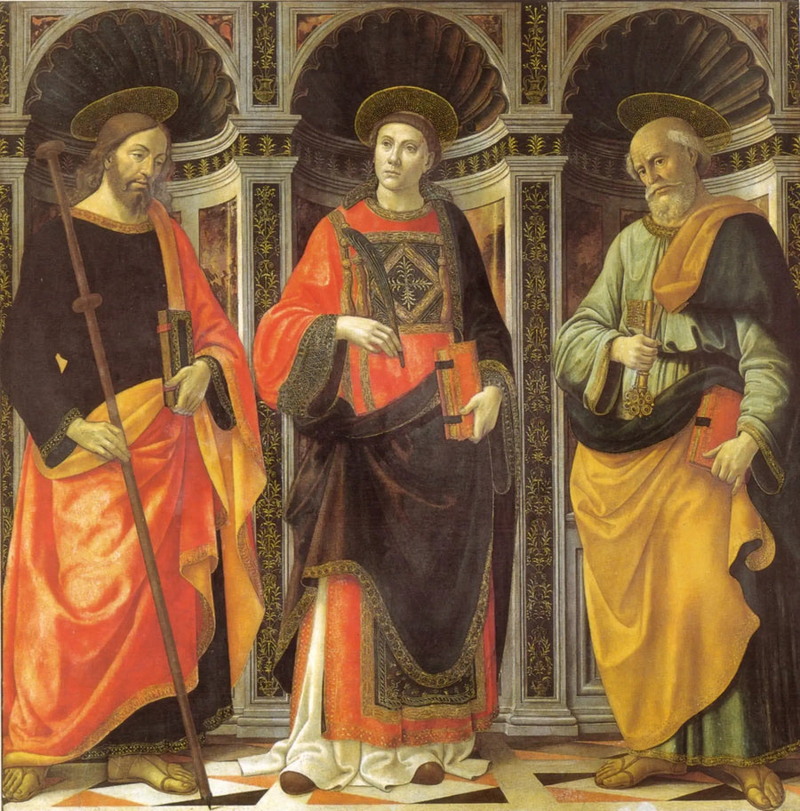 Saint Étienne mellan de heliga Jakob och Petrus - Domenico Ghirlandaio