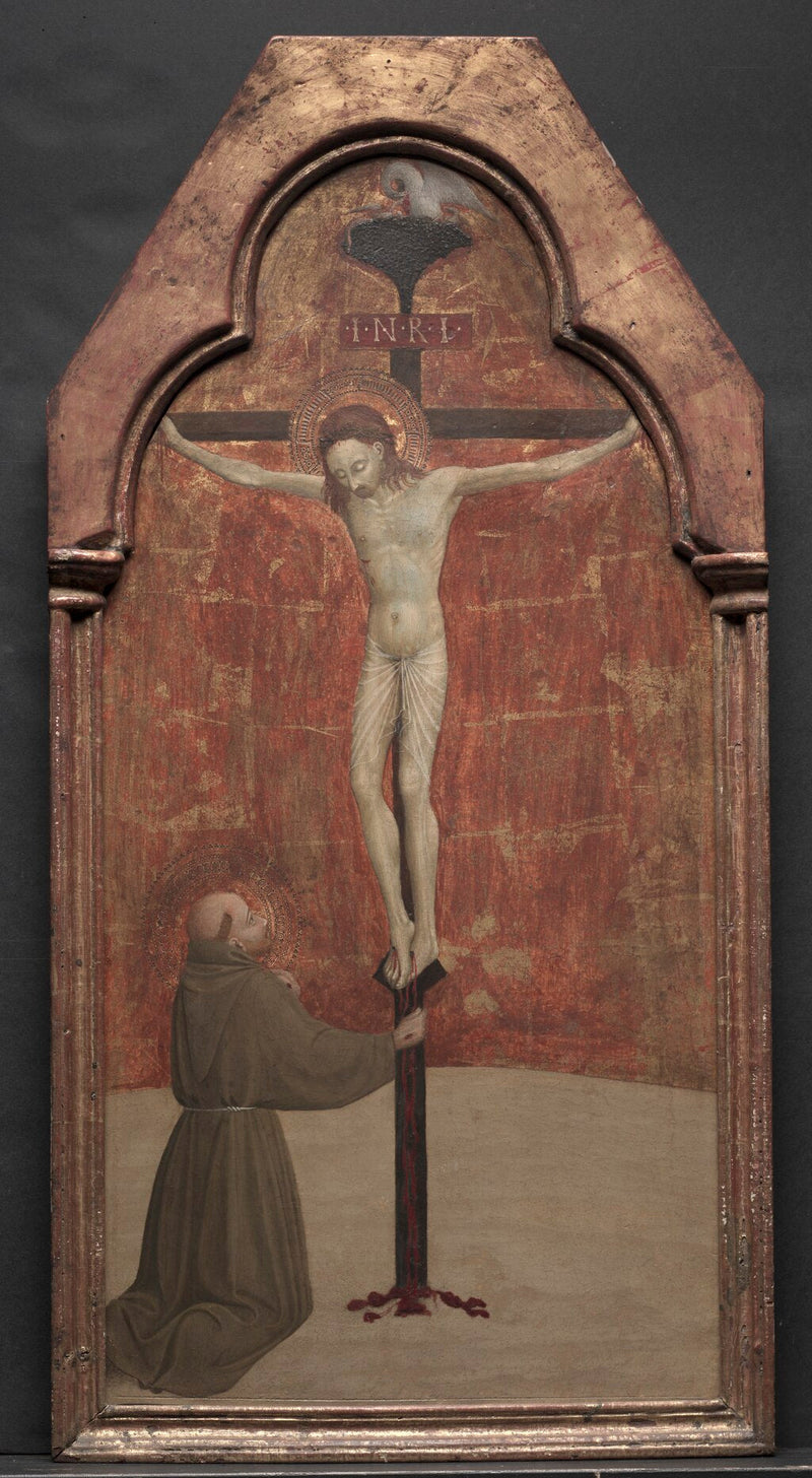 Saint François knäböjande framför Kristus på korset - Stefano di Giovanni (Sassetta)