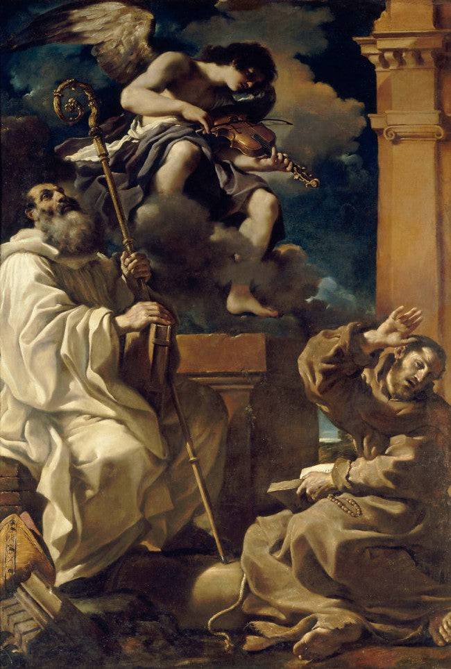 Saint François i extas med Saint Benoît och en musikerängel - Guercino