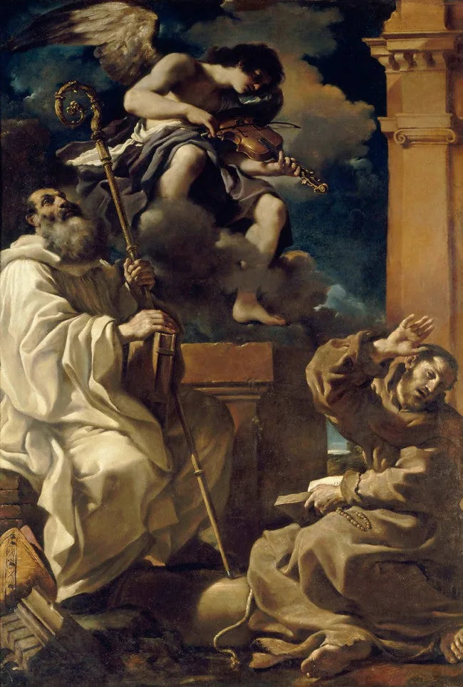 Saint François i extas med Saint Benoît och en musikerängel - Guercino