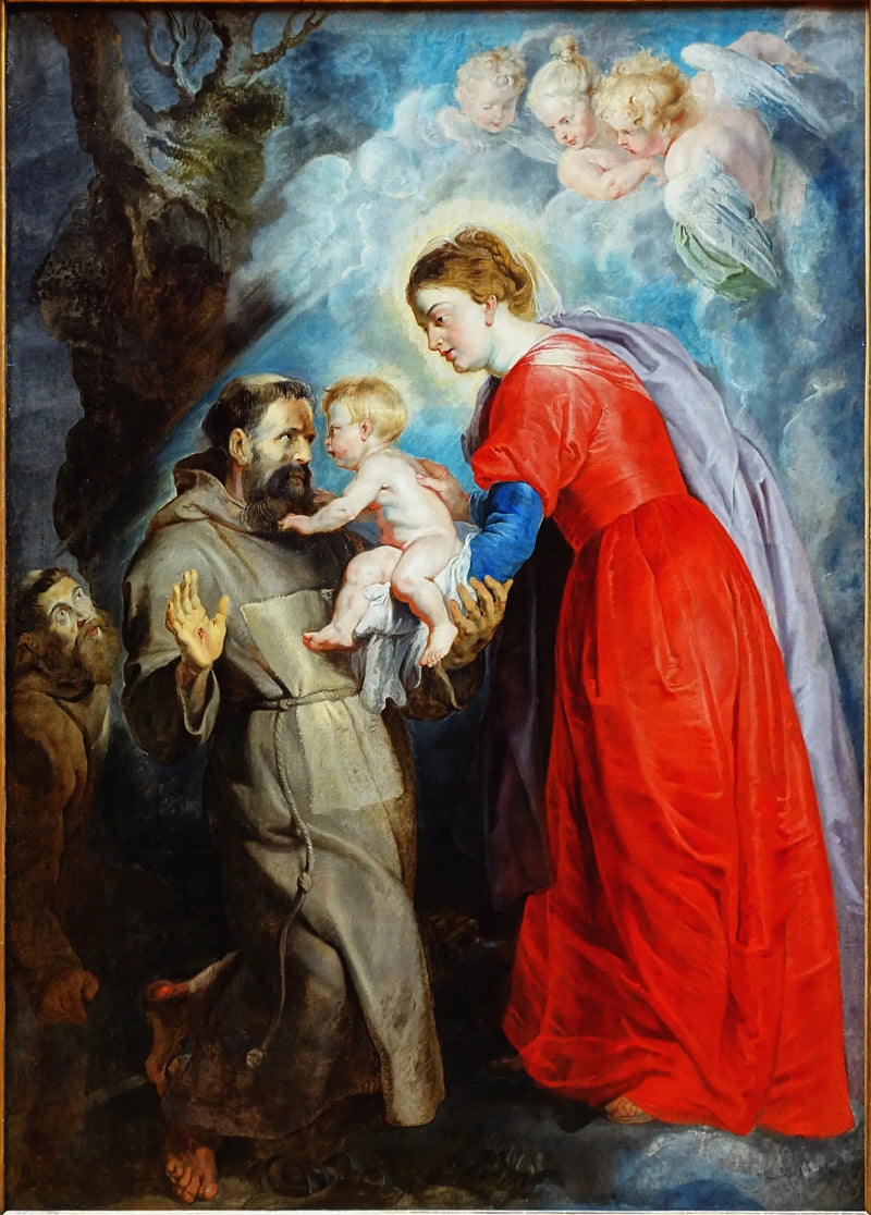 Saint François som tar emot Jesusbarnet från jungfru Marias händer - Peter Paul Rubens